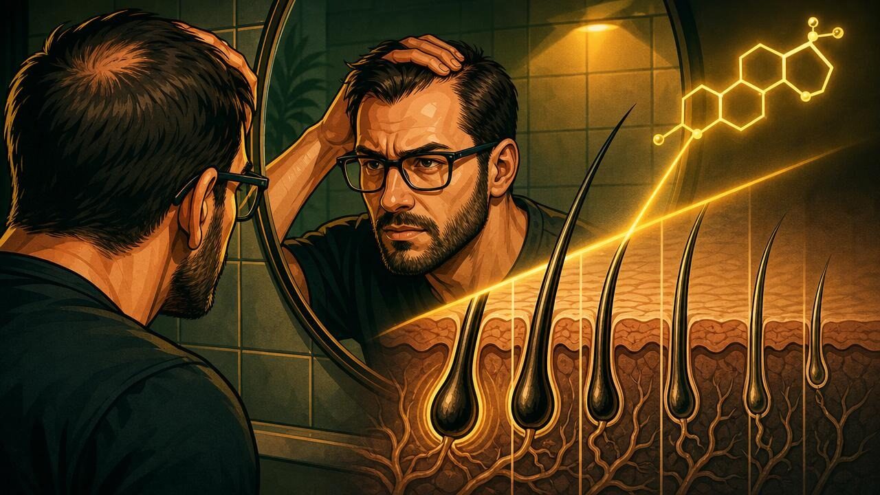 Обложка статьи «Финастерид не спасёт твои волосы на курсе: ДГТ, лысина и загадка RU58841»