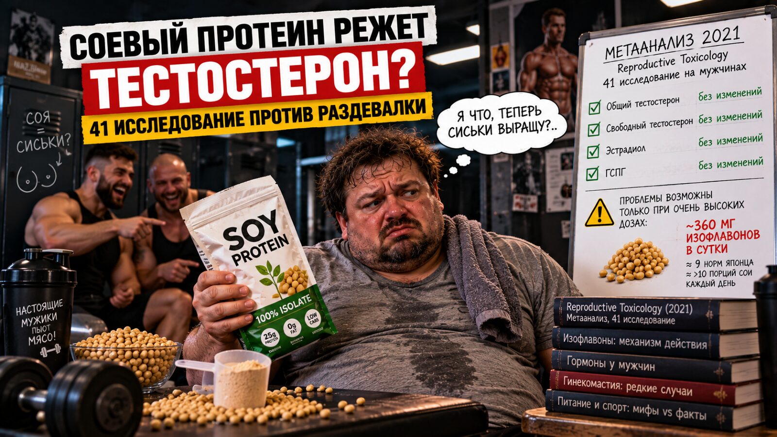 Обложка статьи «Соевый протеин режет тестостерон? 41 исследование против раздевалки»